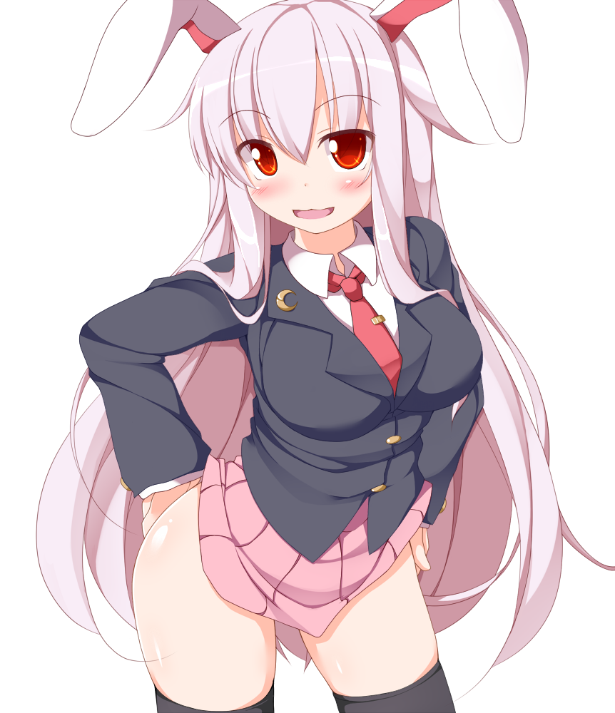 1girl, animal_ears, black_legwear, blazer, blush, commentary_request, crescent, hips
