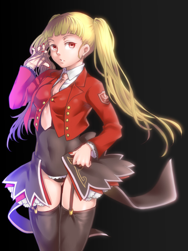 1girl, asmodeus, black_legwear, blonde_hair, garter_straps, leotard, misumi_kouji, nail_polish