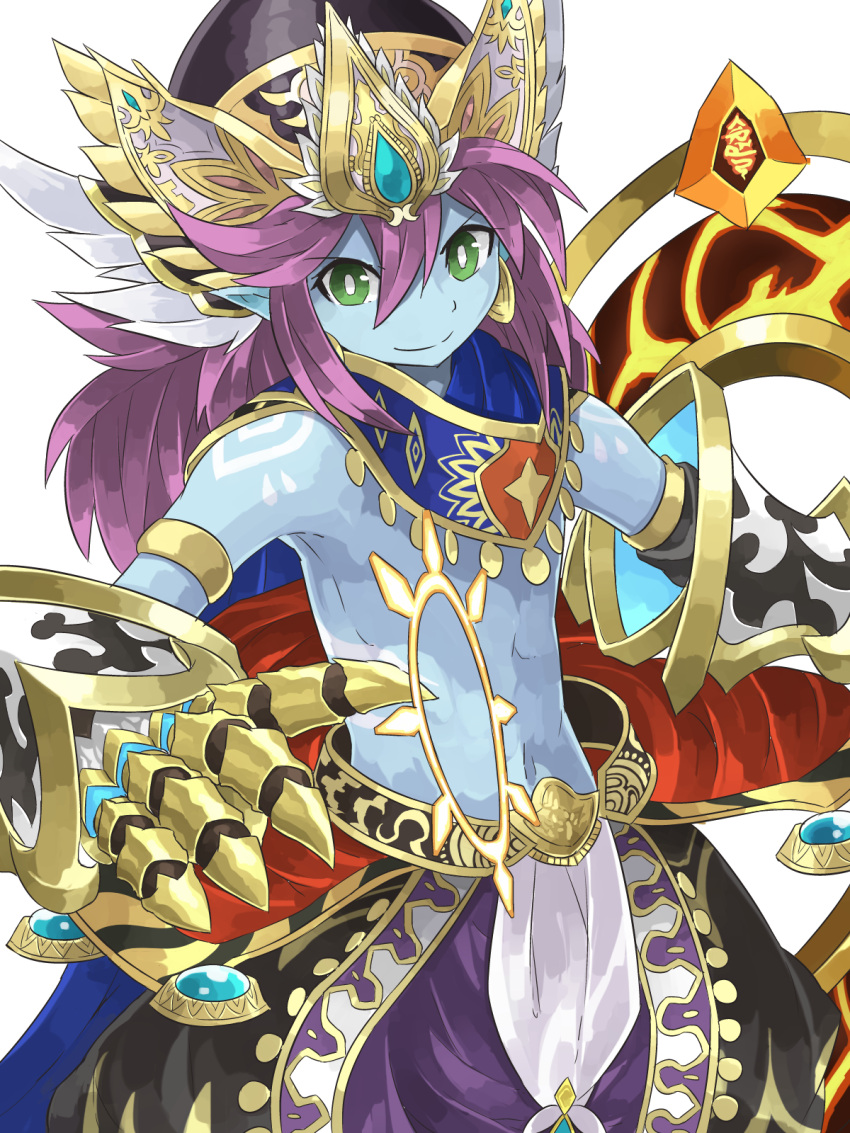 1boy, blue_skin, cape, gauntlets, green_eyes, hat, highres, krishna_(p&amp;d)