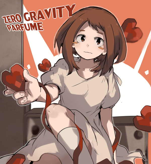 1girl, blush_stickers, boku_no_hero_academia, brown_eyes, brown_hair, collarbone, dress, engrish