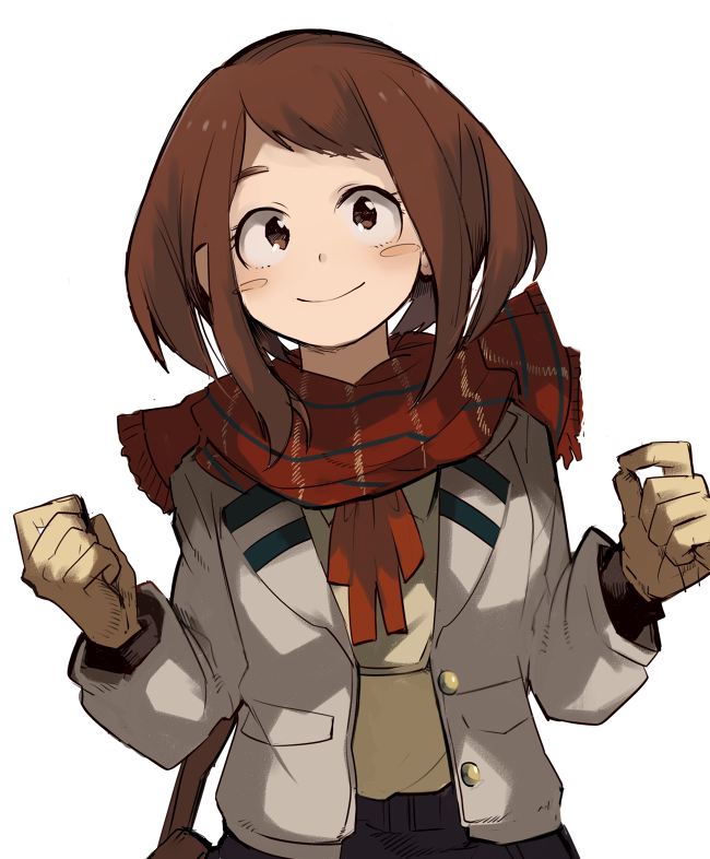 1girl, blush_stickers, boku_no_hero_academia, brown_eyes, brown_hair, buttons, gloves, long_sleeves