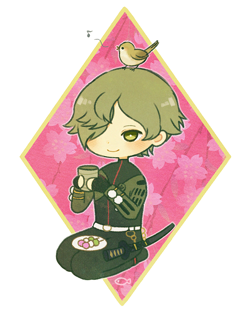 1boy, animal_on_head, ayu_(mog), bird, bird_on_head, blush, dango, food