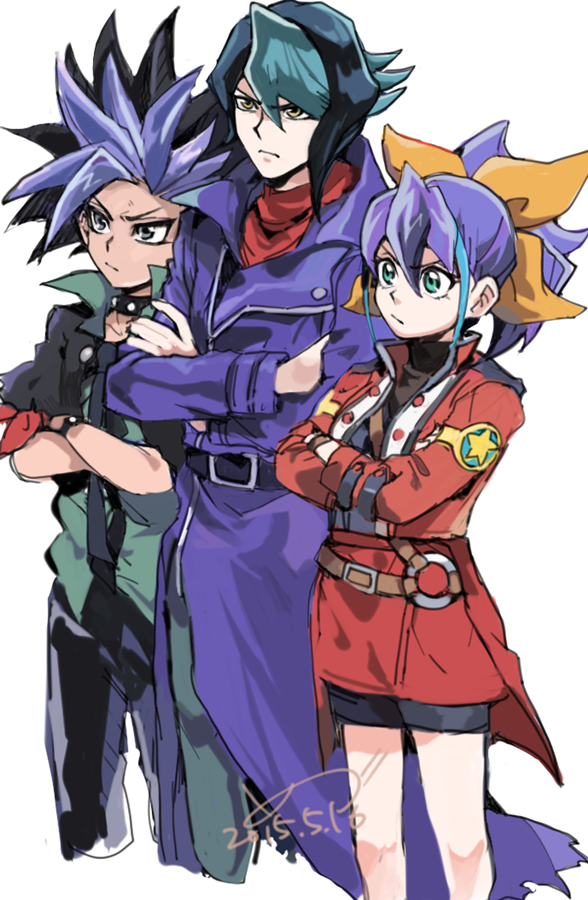 1girl, 2boys, bike_shorts, black_hair, blue_hair, bow, cape, coat, collar, crossed_arms, green_eyes, hair_bow, kurosaki_shun, medu_(rubish), multicolored_hair, multiple_boys, necktie, ponytail, purple_hair, scarf, serena_(yuu-gi-ou_arc-v), two-tone_hair, yellow_eyes, yuto_(yuu-gi-ou_arc-v), yuu-gi-ou, yuu-gi-ou_arc-v