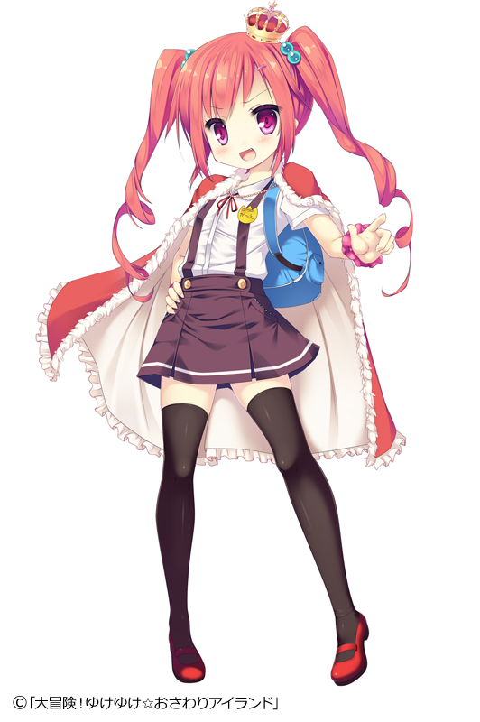 1girl, backpack, bag, cape, crown, daibouken!_yukeyuke_osawari_island, fang, long_hair, ochinsama, official_art, red_eyes, redhead, simple_background, solo, thighhighs, twintails