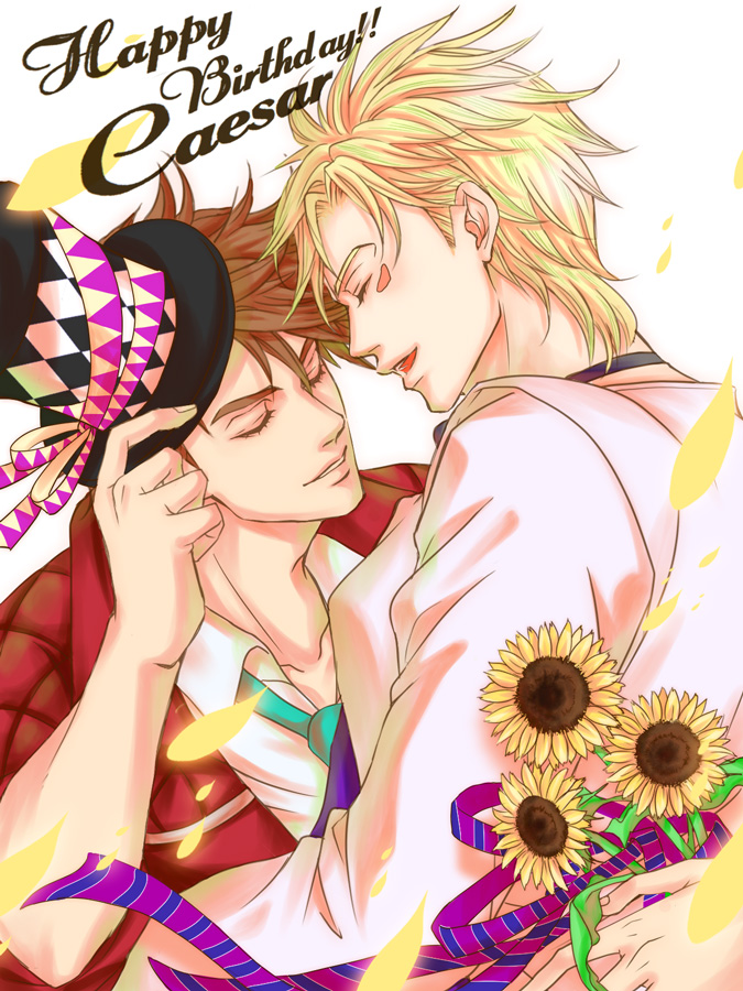 2boys, blonde_hair, brown_hair, caesar_anthonio_zeppeli, facial_mark, flower, happy_birthday, hat