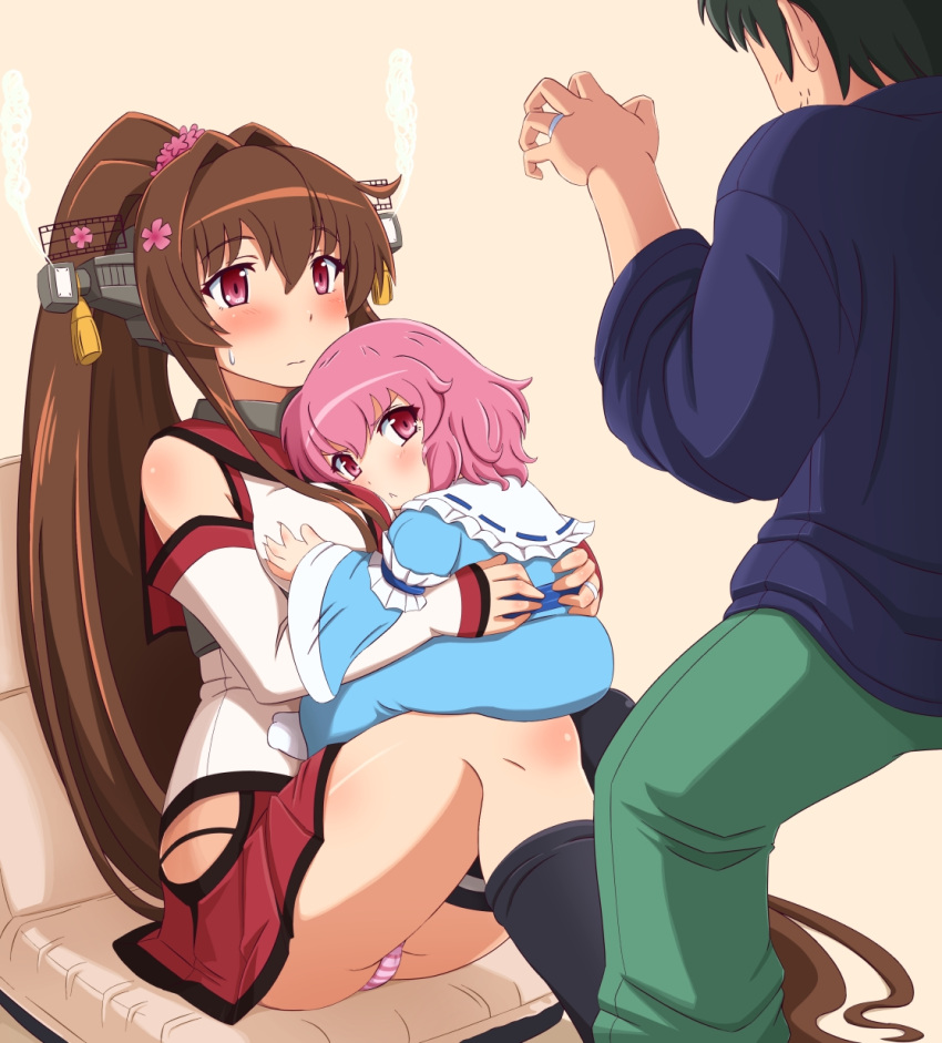 1boy, 2girls, :<, artist_self-insert, blue_dress, blush, breasts, brown_hair