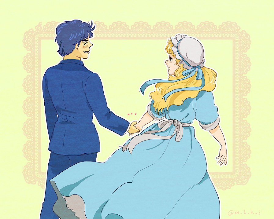 1boy, 1girl, blonde_hair, blue_hair, couple, dress, erina_pendleton, hetero, jojo_no_kimyou_na_bouken, jonathan_joestar, maiko818