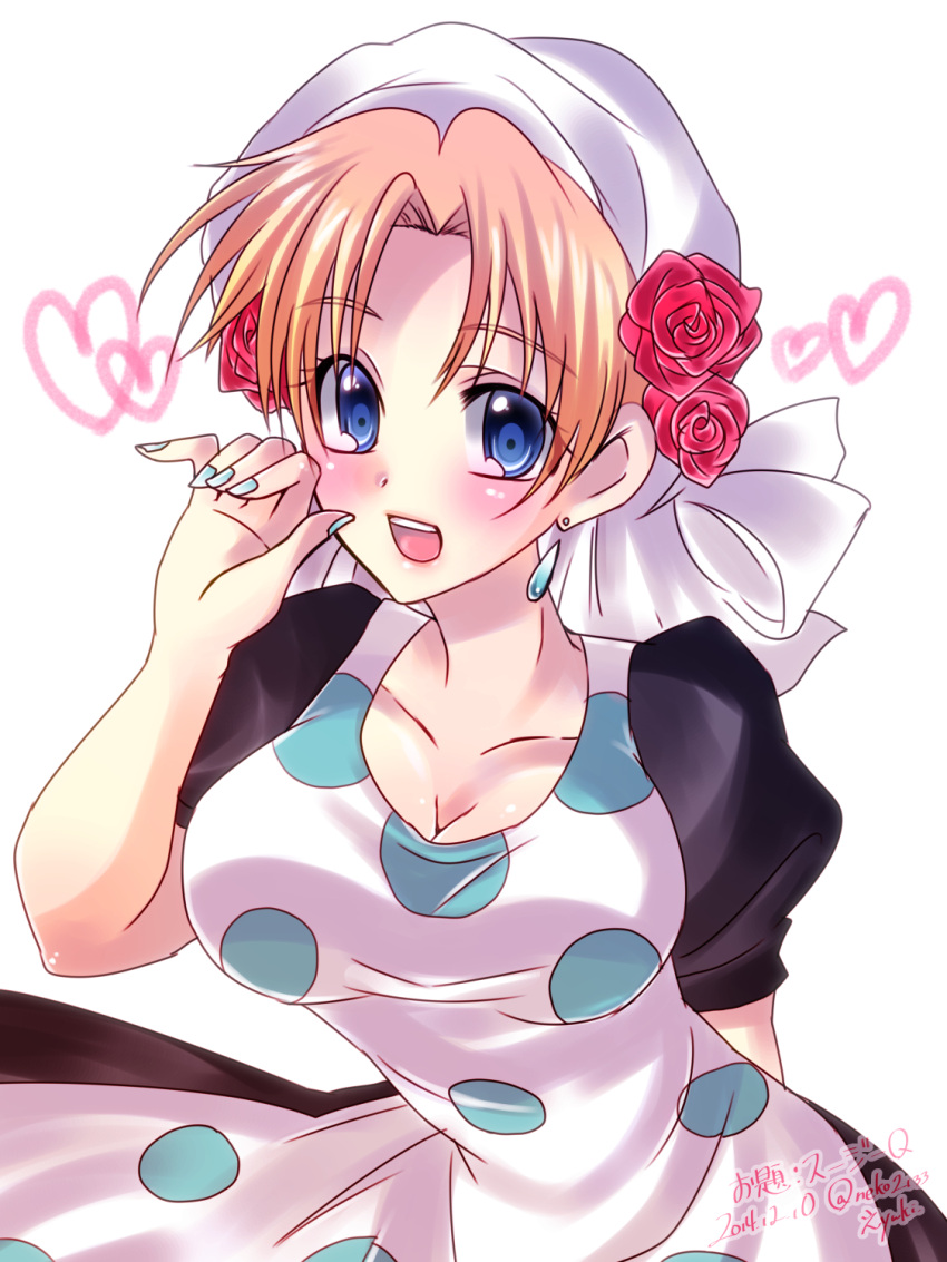 1girl, apron, bandana, blonde_hair, blue_eyes, dress, fingernails, highres, jojo_no_kimyou_na_bouken, no_(yuki), polka_dot, solo, suzi_quatro
