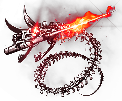 alpha_transparency, enemy_tantou, fire, glowing, glowing_eye, historical_revisionist, horns, lowres, mouth_hold, no_humans, official_art, simple_background, skeleton, solo, tantou, touken_ranbu, transparent_background