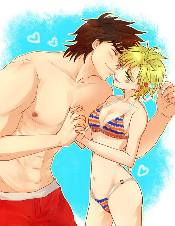1boy, 1girl, bikini, blonde_hair, caesar_anthonio_zeppeli, facial_mark, feathers, genderswap, green_eyes, hair_feathers, hetero, jojo_no_kimyou_na_bouken, kikka, short_hair, size_difference, summer, swim_trunks, swimsuit