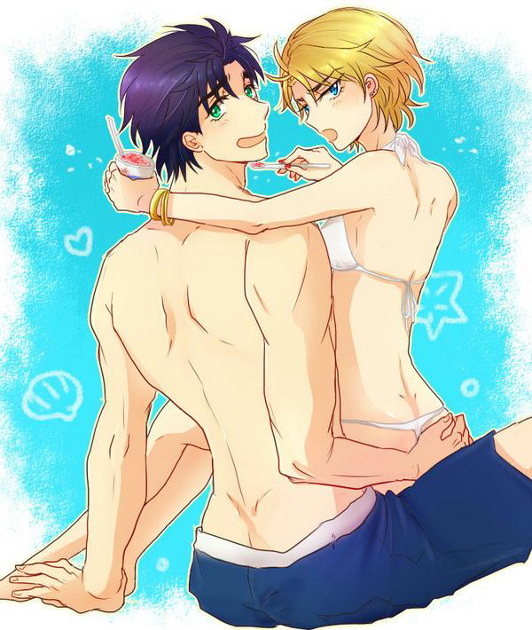 1boy, 1girl, bikini, black_hair, blonde_hair, blue_eyes, dio_brando, genderswap