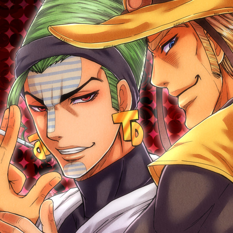2boys, blonde_hair, green_hair, hat, hol_horse, jojo_no_kimyou_na_bouken, multiple_boys, tanakaoften