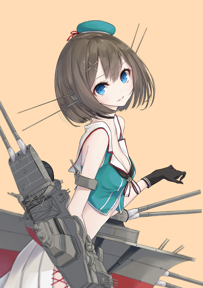 1girl, blue_eyes, brown_hair, gloves, hair_ornament, hairclip, hat, kantai_collection