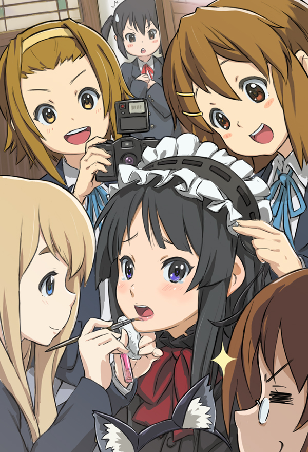 akiyama_mio, animal_ears, applying_makeup, black_hair, blonde_hair, blue_eyes, brown_eyes, brown_hair