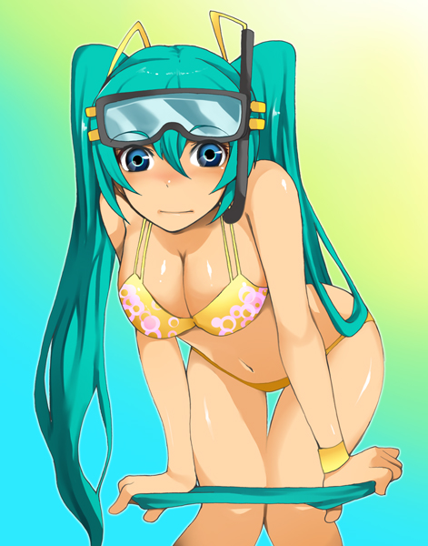 bad_id, bent_over, bikini, blue_eyes, breasts, cleavage, hatsune_miku, kosame_daizu