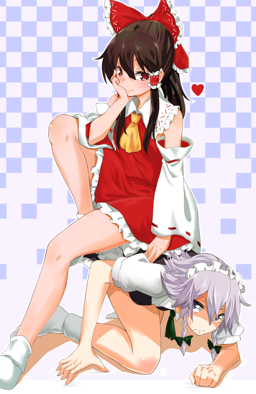 2girls, all_fours, annoyed, apron, arm_support, ascot, bare_shoulders, blue_dress, blue_eyes, bow, brown_hair, detached_sleeves, dress, hair_bow, hair_ribbon, hair_tubes, hakurei_reimu, hand_on_own_cheek, highres, izayoi_sakuya, kaya_rio, long_hair, looking_at_another, looking_down, looking_up, maid, maid_apron, maid_headdress, multiple_girls, ponytail, red_dress, red_eyes, ribbon, short_dress, short_hair, silver_hair, sitting, sitting_on_person, smile, touhou