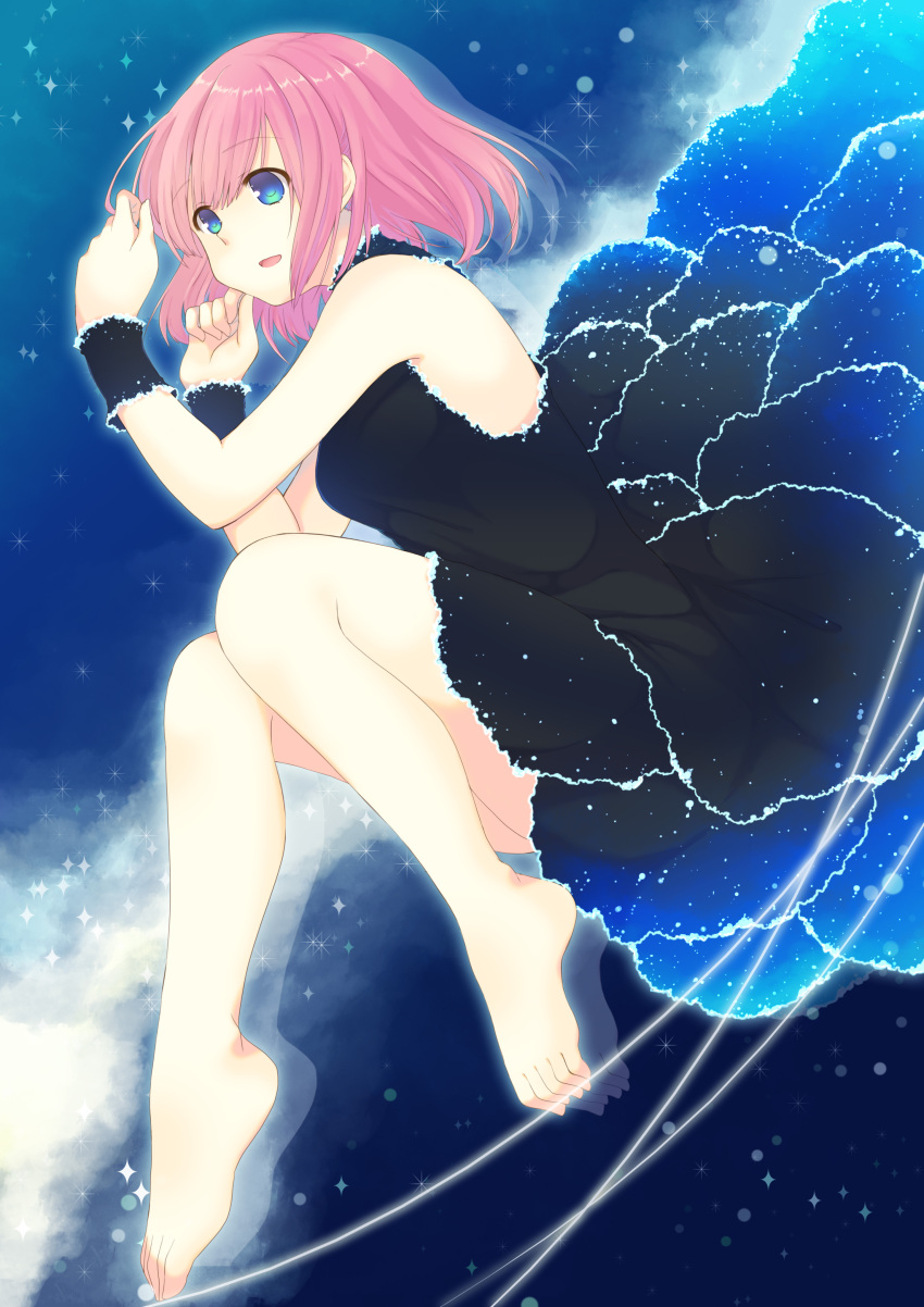 1girl, 1o_(ichio), absurdres, bare_shoulders, barefoot, black_dress, blue_eyes, clouds