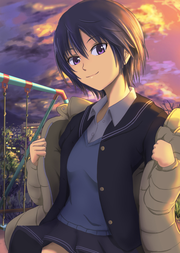 1girl, amagami, black_hair, coat, looking_at_viewer, myammar13, nanasaki_ai, removing_jacket