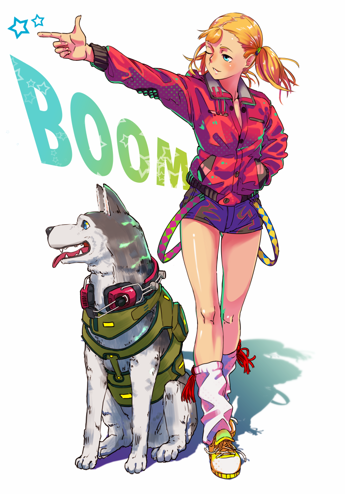 1girl, blonde_hair, blue_eyes, dog, haikeb89, hand_in_pocket, one_eye_closed, original