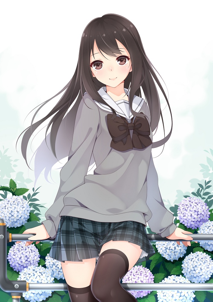 1girl, black_hair, black_legwear, bow, ello, flower, hydrangea, long_hair