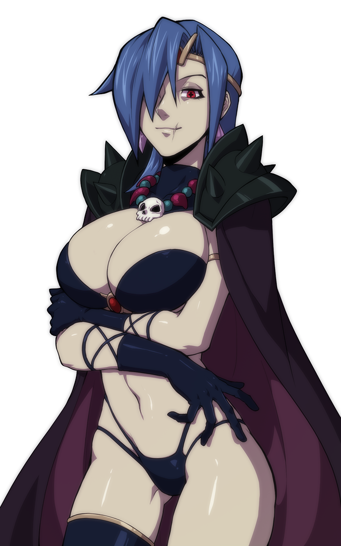 bikini, blue_hair, breast_squeeze, breasts, cape, cleavage, cosplay, ganno, gloves, jewelry, large_breasts, naga_the_serpent, navel, necklace, pauldrons, red_eyes, scar, short_hair, skull, skullgirls, slayers, swimsuit, symbol-shaped_pupils, valentine_(skullgirls)