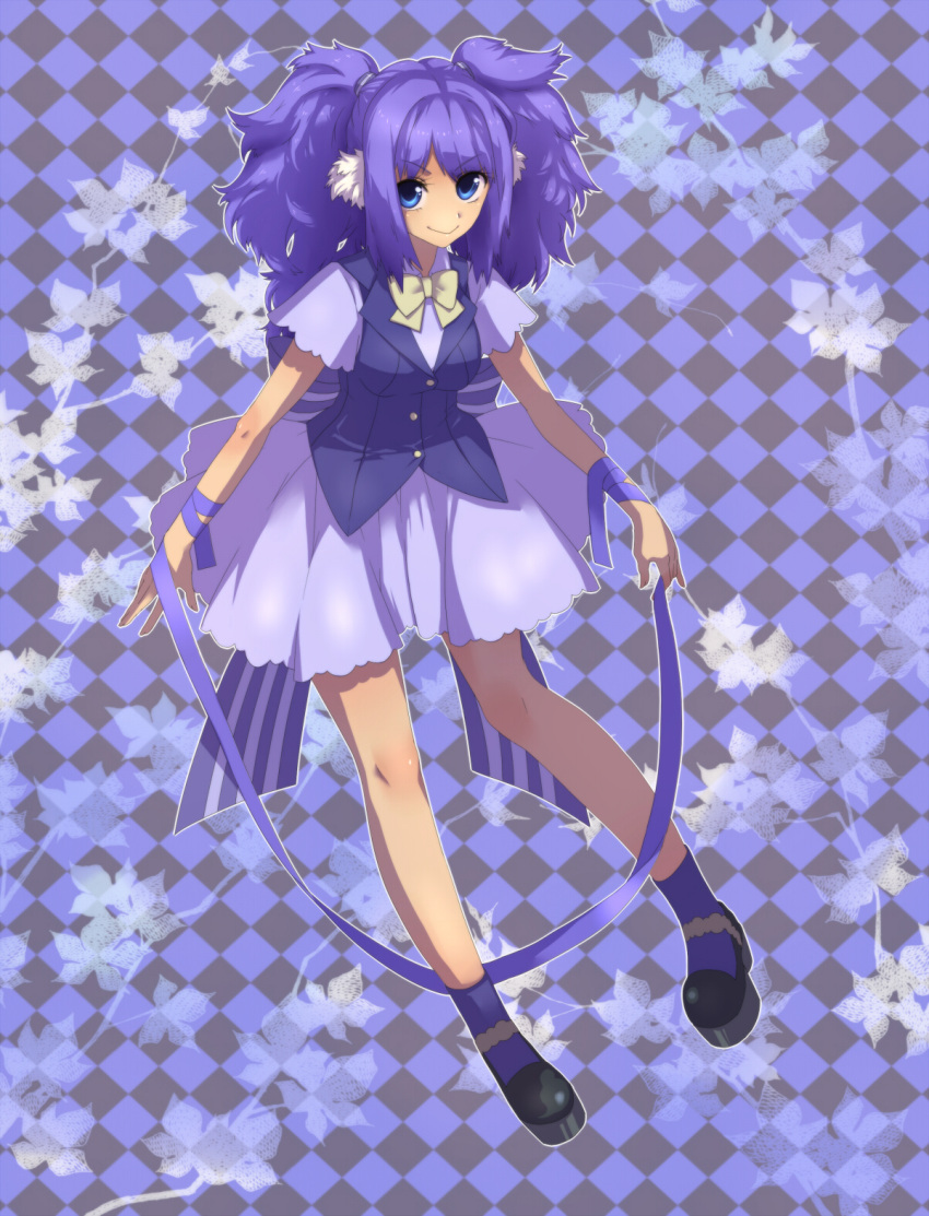 1girl, argyle, argyle_background, black_shoes, blue_eyes, blue_hair, blue_ribbon, bow, highres, long_hair, nijigami_rin, original, ribbon, shoes, skirt, smile, socks, solo, striped, striped_bow, two_side_up, vest, white_skirt, yellow_bow
