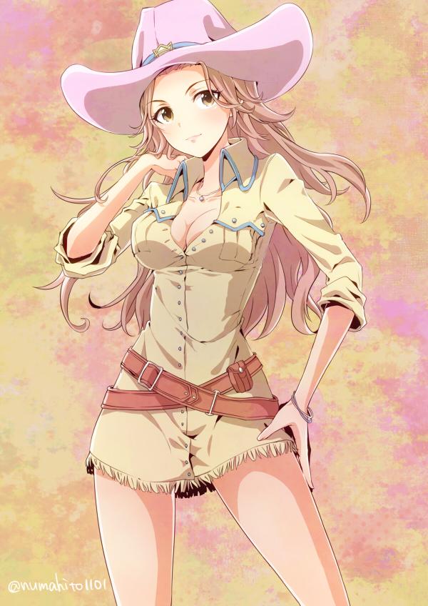 1girl, belt, bracelet, breasts, brown_eyes, cleavage, cowboy_hat, hamakawa_ayuna