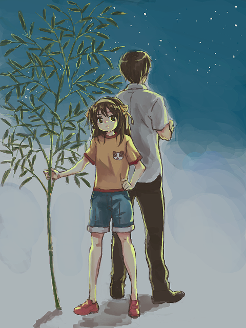 back-to-back, back_to_back, bad_id, bamboo, brown_eyes, brown_hair, casual, cika