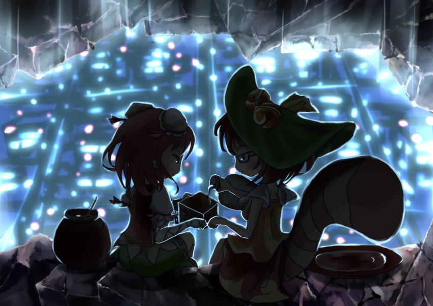 2girls, backlighting, bandages, bell, brown_hair, double_bun, from_behind, futatsuiwa_mamizou