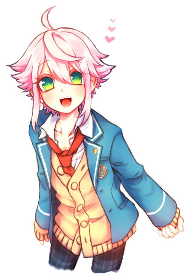 1boy, ahoge, blazer, blush, cardigan, ensemble_stars!, green_eyes, heart, himemiya_touri, necktie, open_mouth, payot, pink_hair, plaid, plaid_pants, porupu, school_uniform, smile, solo
