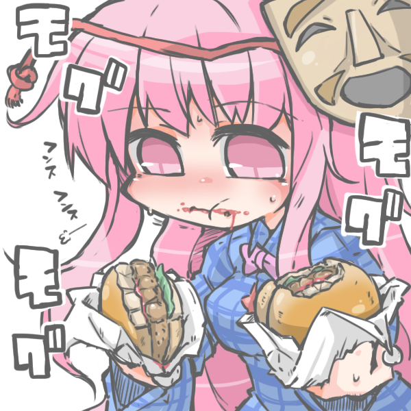 1girl, chewing, food, hamburger, hata_no_kokoro, kureha_mitsushige, long_hair, mask