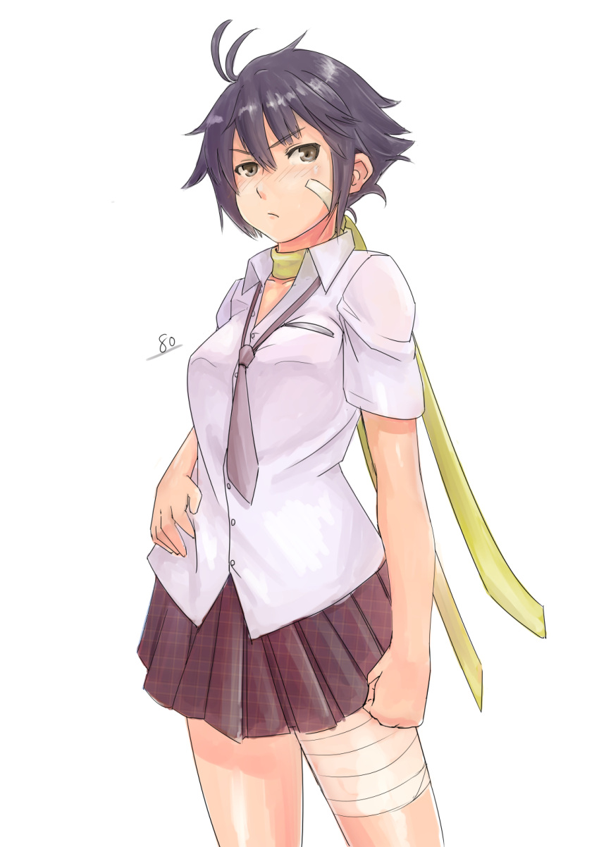 1girl, alternate_costume, antenna_hair, bandages, bandaid, black_hair, blush, breasts