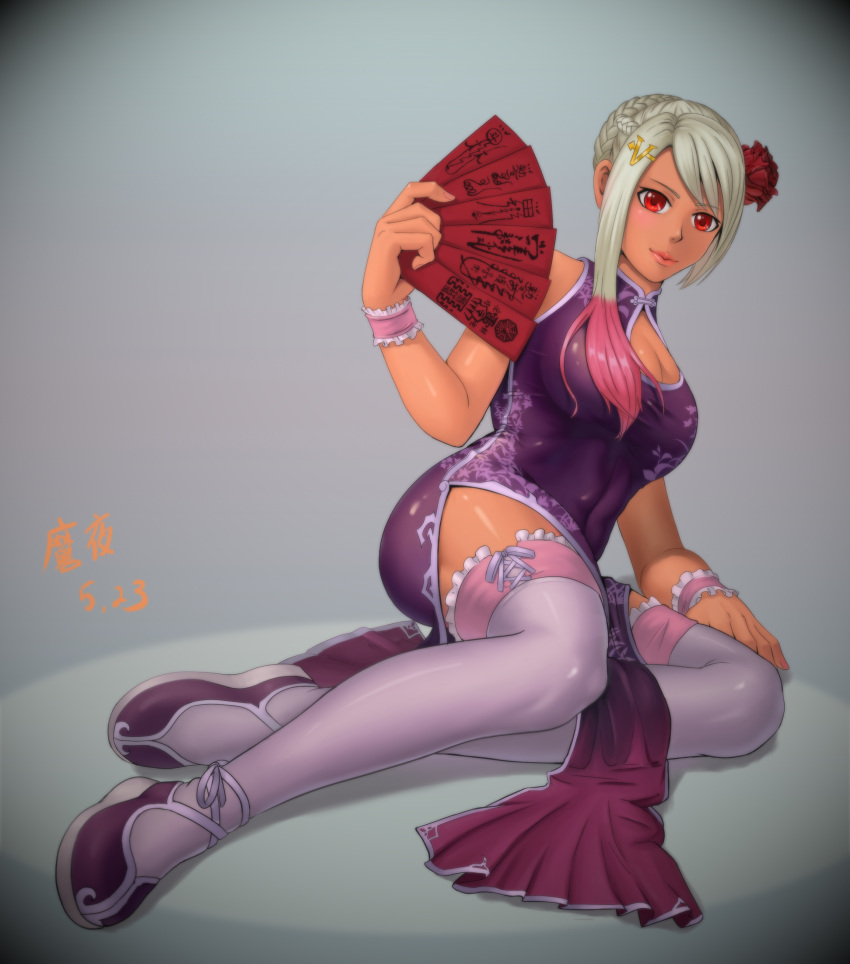 1girl, absurdres, asymmetrical_hair, bare_shoulders, breasts, china_dress, chinese_clothes, cleavage, cleavage_cutout, dark_skin, dress, fan, flats, flower, folding_fan, full_body, garters, hair_flower, hair_ornament, hairclip, highres, mayoru, original, pelvic_curtain, purple_dress, purple_legwear, red_eyes, side_slit, silver_hair, sitting, solo, tan, thick_thighs, thigh-highs, thighs, wristband, yokozuwari