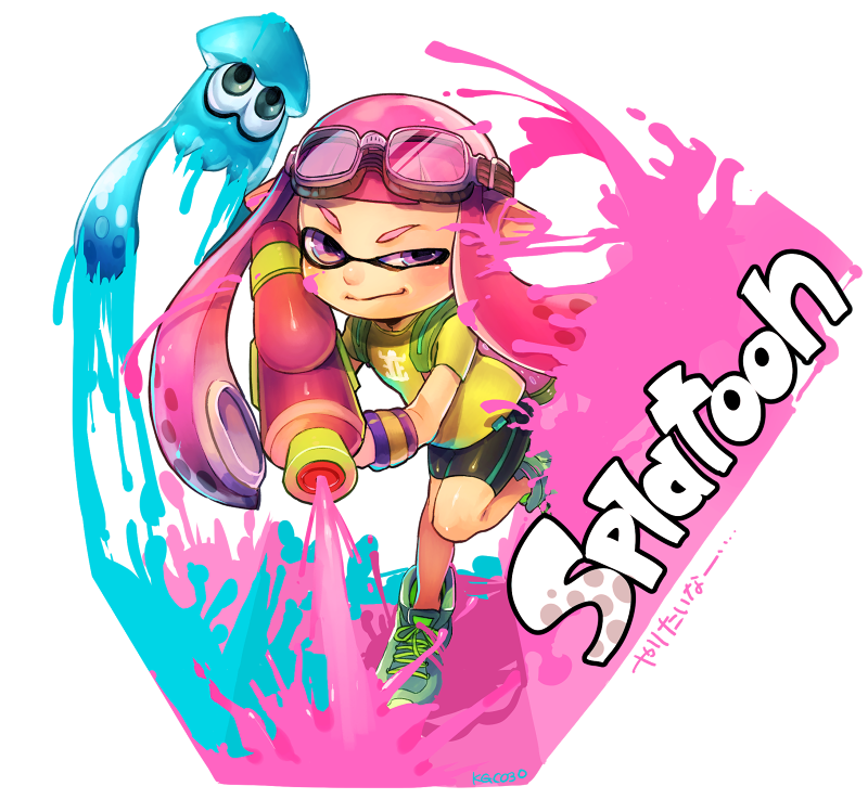 bike_shorts, chakoiking, copyright_name, firing, goggles, inkling, long_hair, mask, paint, pink_eyes, pink_hair, pointy_ears, shoes, shorts, smile, sneakers, splatoon, squid, squirting, t-shirt, tentacle_hair, water_gun
