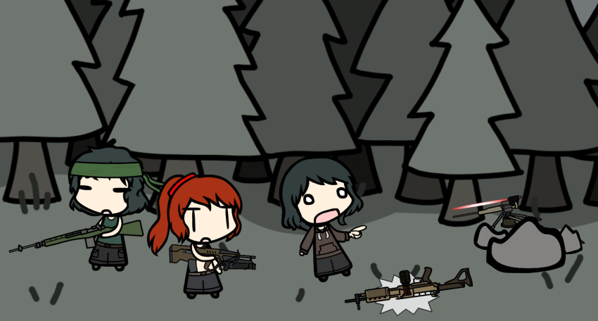 1girl, 2boys, arma_(series), arma_3, assault_rifle, battle_rifle, boulder, bullpup