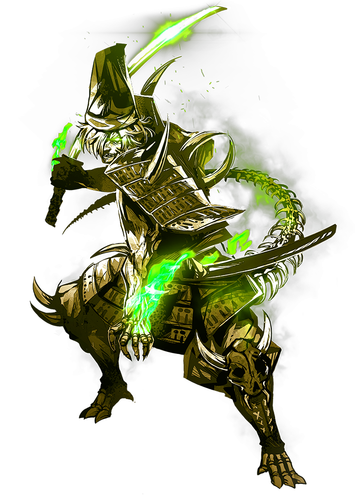 1boy, alpha_transparency, artist_request, enemy_tachi, full_body, glowing, glowing_eye, grin, hair_over_one_eye, hat, historical_revisionist, katana, kusazuri, male_focus, official_art, sheath, short_hair, simple_background, skeleton, skull, smile, sode, solo, standing, sword, touken_ranbu, transparent_background, weapon