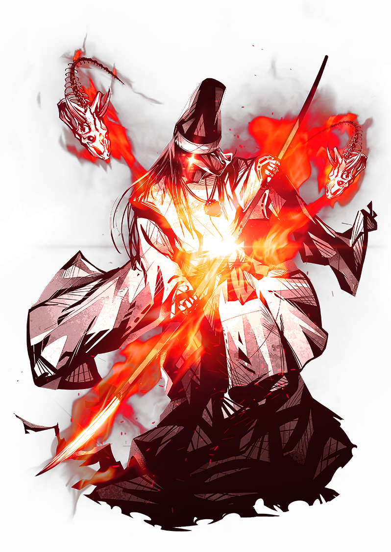 1boy, alpha_transparency, artist_request, enemy_naginata, fire, full_body, glowing, glowing_eye