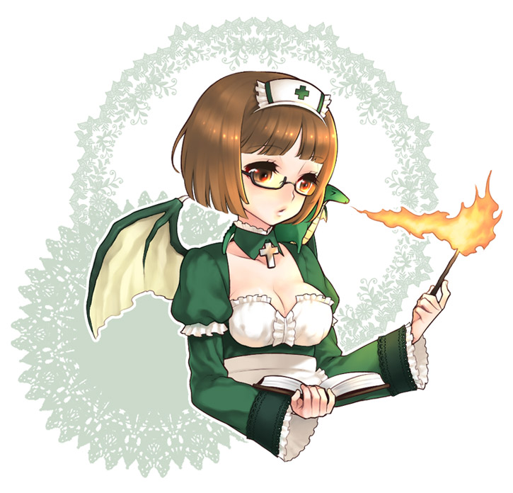 bob_cut, book, breasts, breathing_fire, brown_hair, cleavage, deathsmiles, dragon