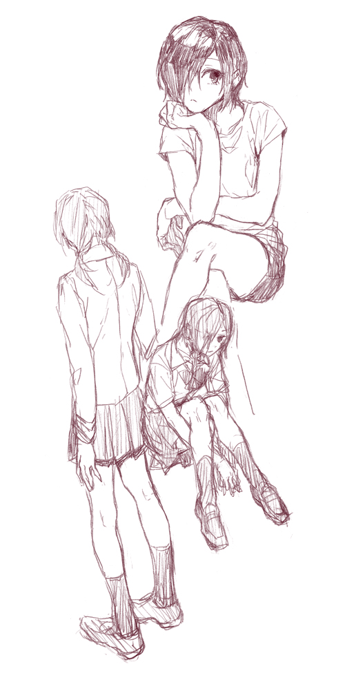 1girl, crossed_legs, hair_over_one_eye, kirishima_touka, nazu, shirt, short_hair, skirt