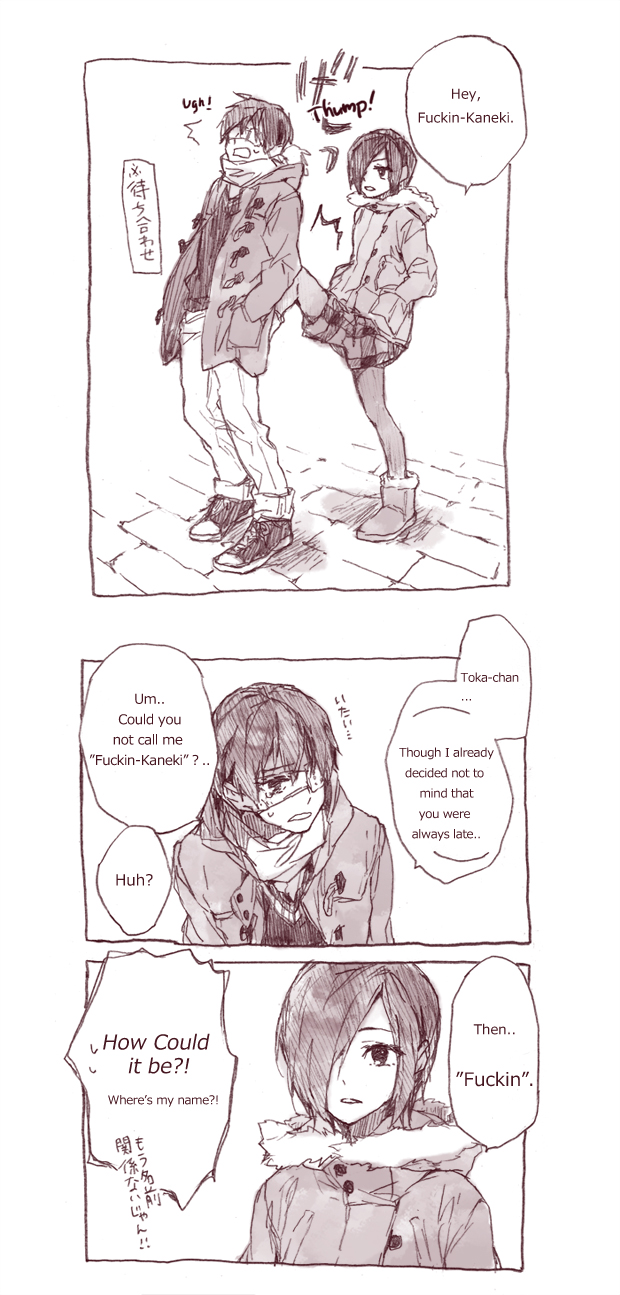 1boy, 1girl, 3koma, coat, comic, commentary, english, eyepatch