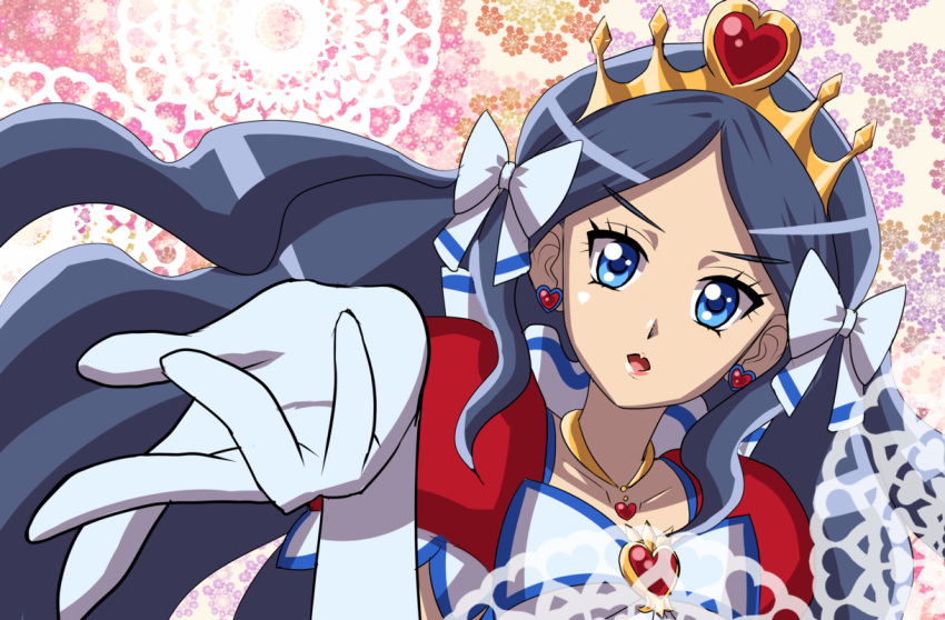 1girl, black_hair, blue_eyes, borrowed_character, bow, brooch, choker, crown, cure_apfel_(torimomo), earrings, gloves, go!_princess_precure, hair_bow, heart, heart_earrings, it_man, jewelry, kagami_yukino_(torimomo), long_hair, magical_girl, o_kakugo_wa_yoroshikute?, original, parody, precure, puffy_short_sleeves, puffy_sleeves, short_sleeves, solo, white_bow, white_gloves