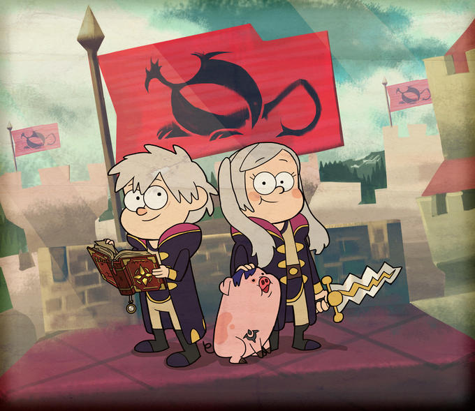 1boy, 1girl, blue_hair, book, crossover, dipper_pines, fire_emblem, fire_emblem:_kakusei