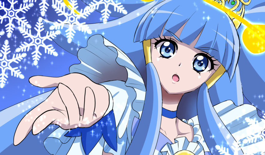 1girl, :o, aoki_reika, blue_background, blue_eyes, blue_hair, choker, cure_beauty, frills, go!_princess_precure, hair_tubes, it_man, long_hair, magical_girl, o_kakugo_wa_yoroshikute?, open_mouth, parody, payot, precure, princess_form_(smile_precure!), smile_precure!, snowflakes, solo, tiara, wrist_cuffs