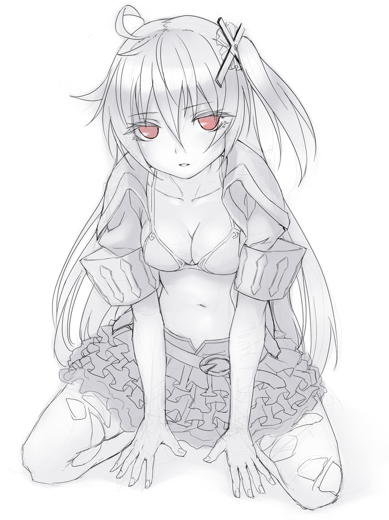 1girl, ahoge, bra, breasts, cleavage, collarbone, cropped_jacket, cross_hair_ornament, fran_(sennen_sensou_aigis), frilled_skirt, frills, hair_ornament, kneeling, long_hair, monochrome, navel, red_eyes, sennen_sensou_aigis, side_ponytail, skirt, spot_color, stomach, thigh-highs, torn_clothes, torn_thighhighs, underwear, yuru