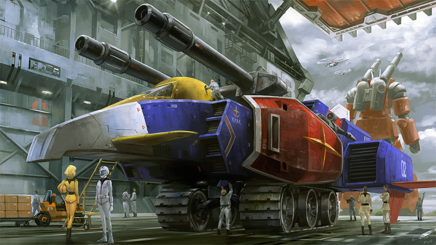 1girl, aircraft, amuro_ray, black_hair, blonde_hair, brown_hair, cannon, caterpillar_tracks, clouds, g-fighter, guncannon, gundam, hangar, helicopter, helmet, military, military_uniform, mobile_suit_gundam, multiple_boys, noba, pilot_suit, rx-78-2, sayla_mass, shield, space_craft, turret, uniform