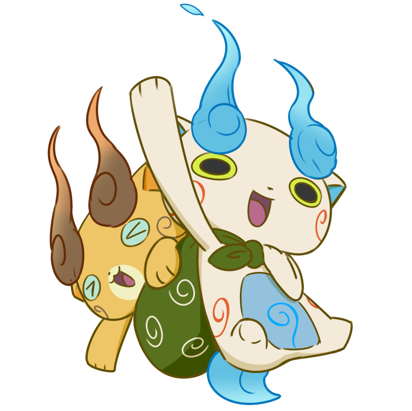 >_<, arm_up, brothers, canamono, furoshiki, highres, koma-san, komajirou, no_humans, open_mouth, siblings, simple_background, white_background, youkai, youkai_watch