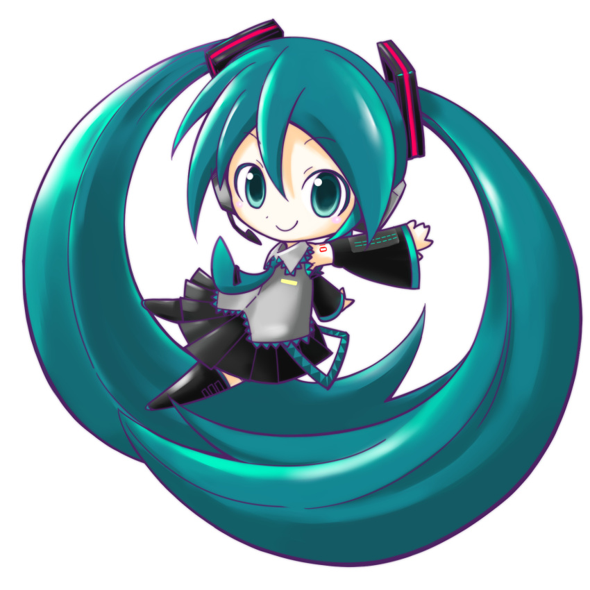 1girl, aqua_hair, aqua_necktie, black_legwear, black_skirt, canamono, chibi, detached_sleeves, green_eyes, hatsune_miku, highres, long_hair, looking_at_viewer, necktie, pleated_skirt, simple_background, skirt, smile, solo, thigh-highs, twintails, very_long_hair, vocaloid, white_background