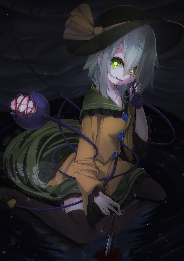 1girl, black_legwear, bloody_knife, dark_skin, eyes_visible_through_hair, green_eyes, hat, hat_ribbon