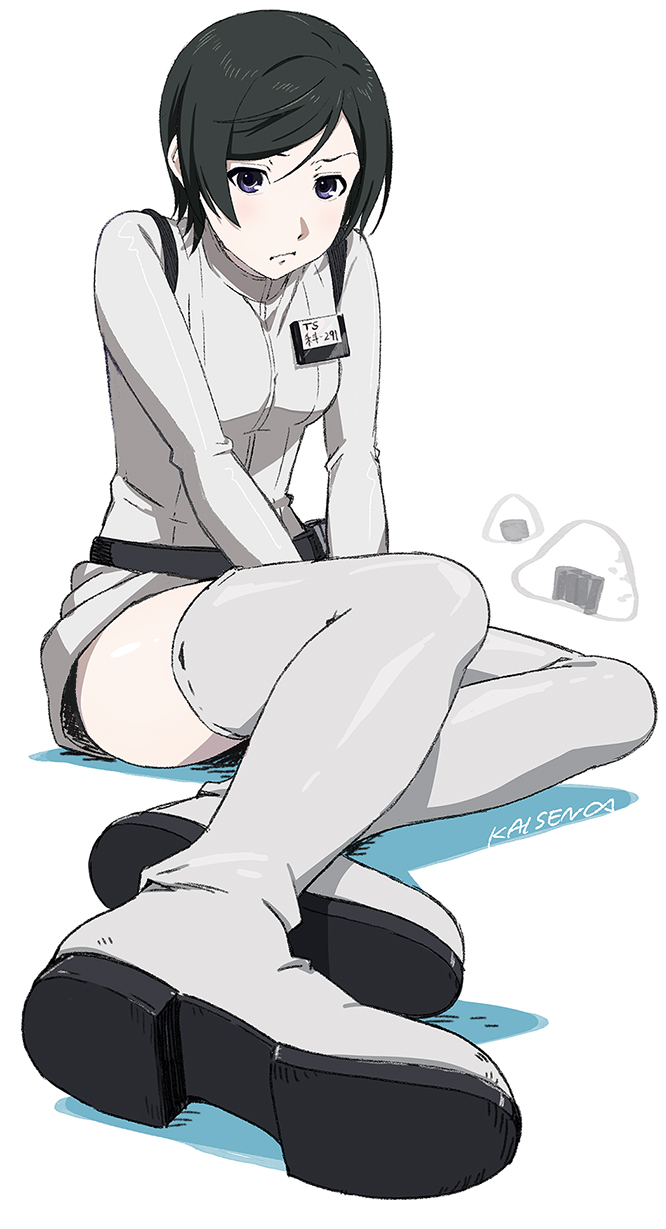 1girl, belt, black_hair, boots, breasts, food, highres, kaisen