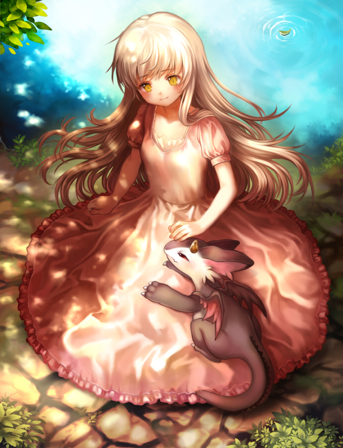 1girl, blonde_hair, blush, dappled_sunlight, dragon, dress, long_hair, nishizawa